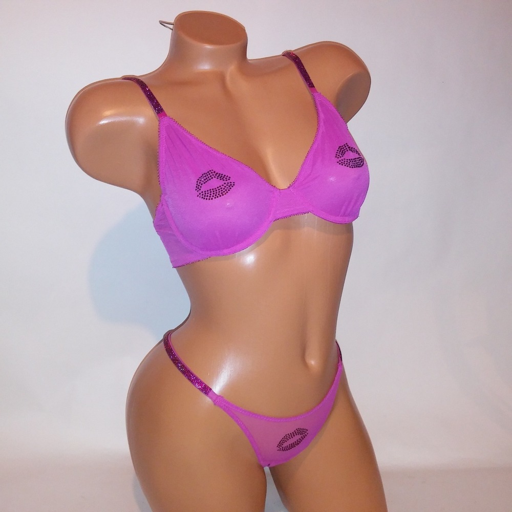 Victoria Secret Bra Set 34C Unlined Demi XS Thong Panty Pink Shine Strap Lips
